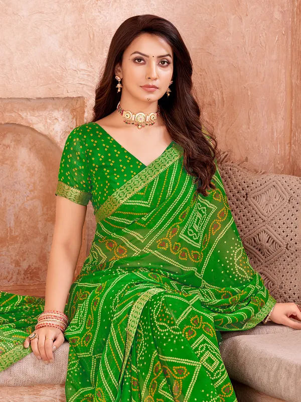 Green chiffon bandhani printed saree
