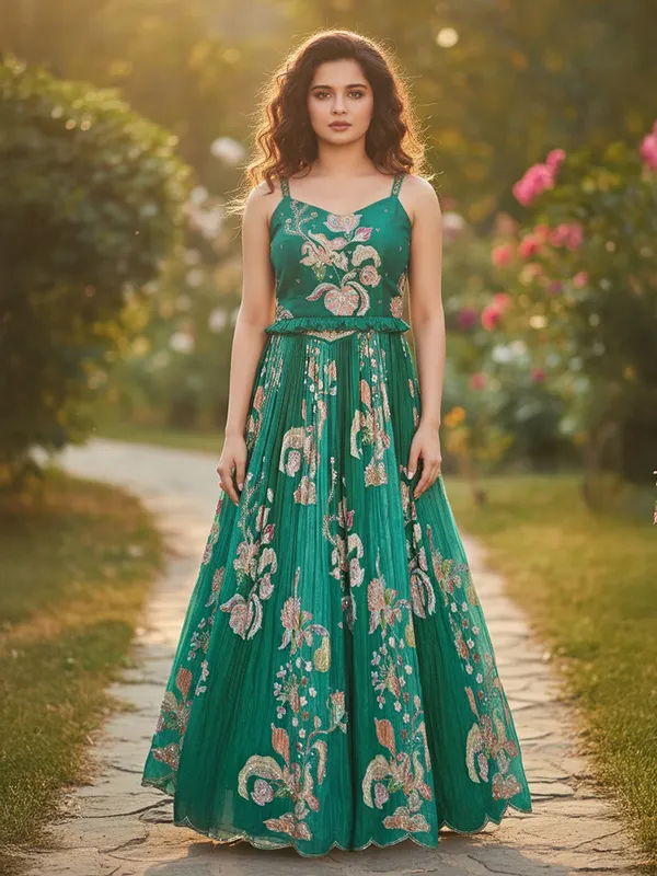 Green chiffon lehenga choli for wedding wear