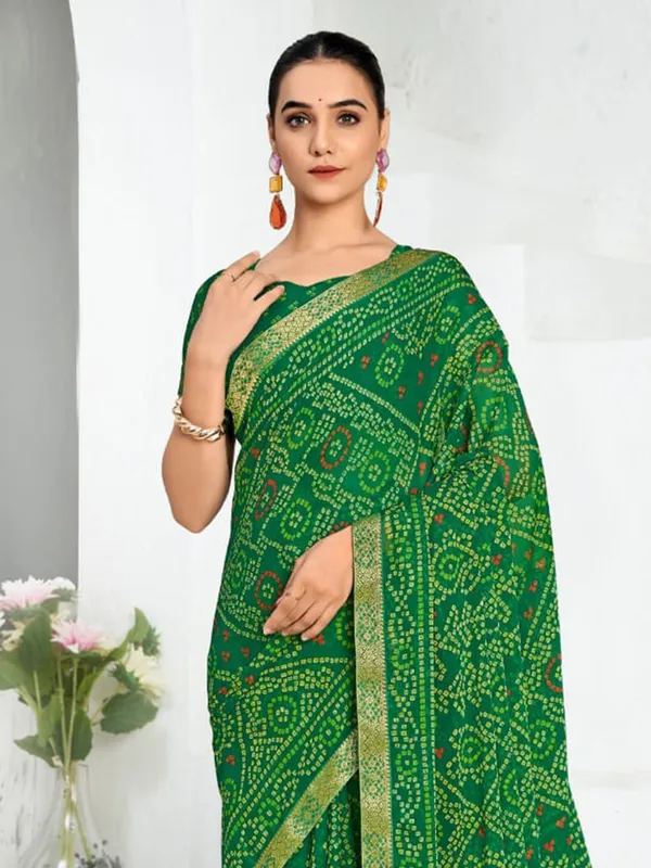 Green chiffon printed saree for festivals
