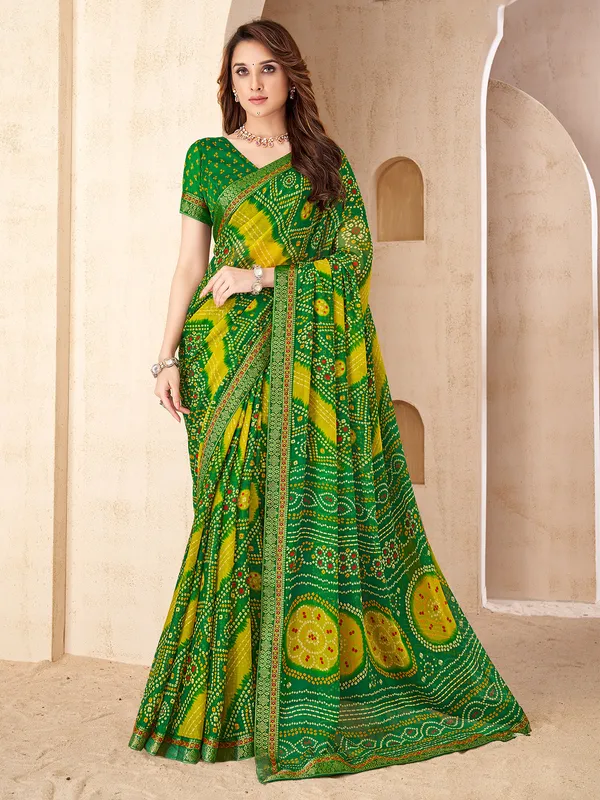 Green chiffon saree with bandhani print