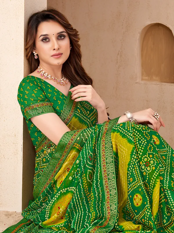 Green chiffon saree with bandhani print
