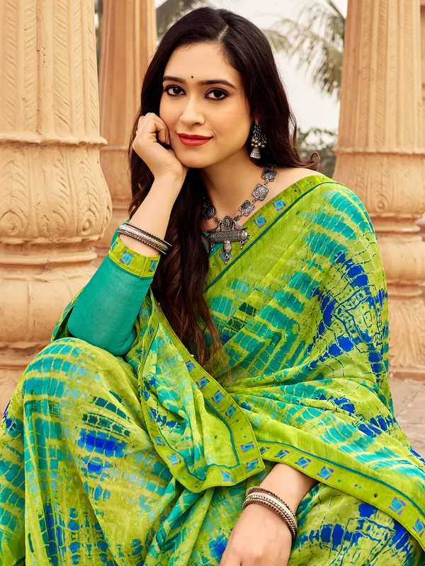Green chiffon saree with print