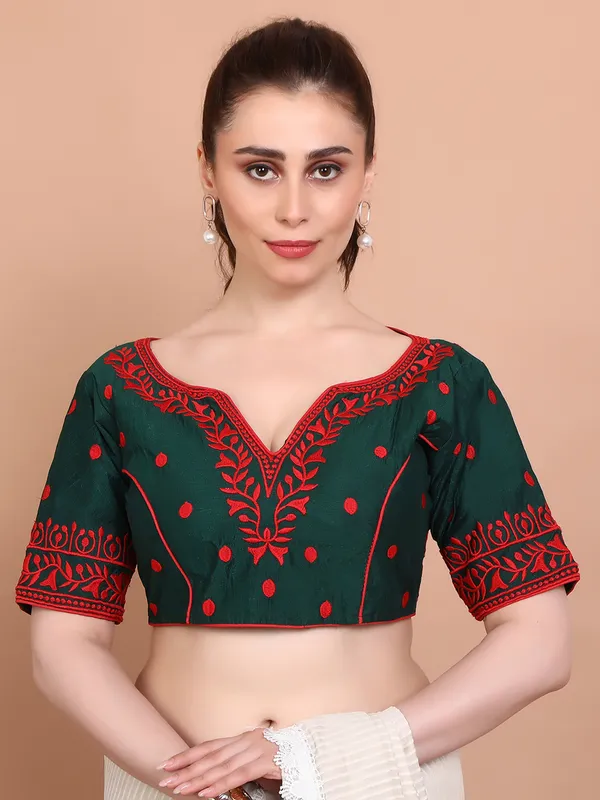 Green cotton embroidered blouse with back opening