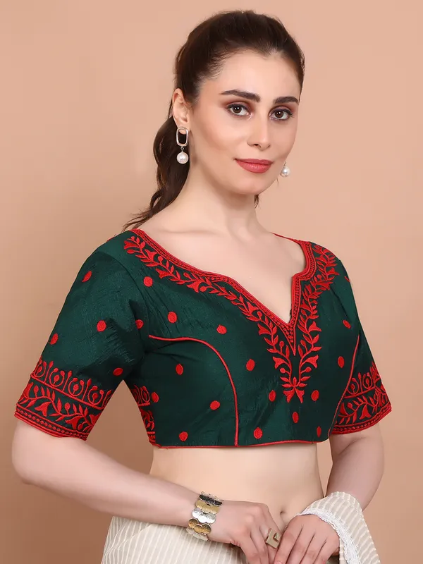 Green cotton embroidered blouse with back opening