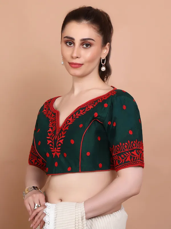 Green cotton embroidered blouse with back opening