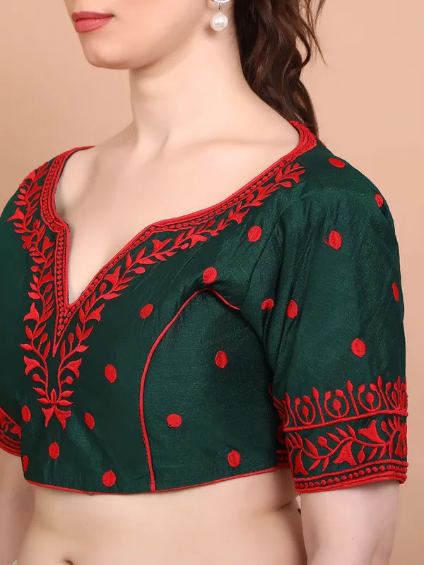 Green cotton embroidered blouse with back opening