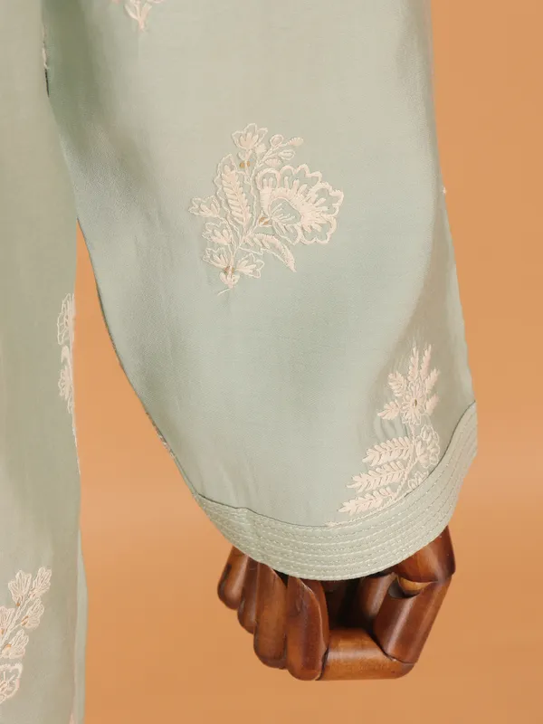 Green cotton kurta suit with patched embroidery