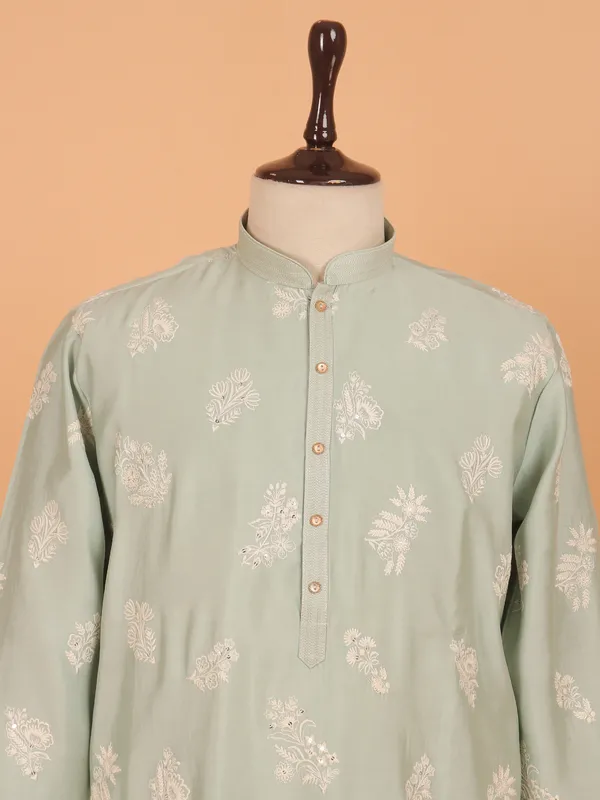 Green cotton kurta suit with patched embroidery