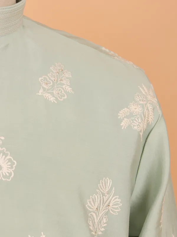 Green cotton kurta suit with patched embroidery