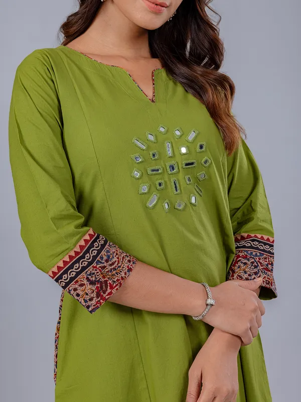Green cotton kurti with mirror work