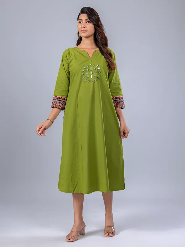 Green cotton kurti with mirror work