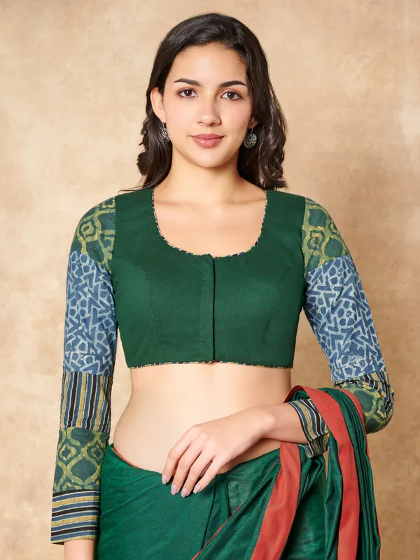 Green cotton ready made blouse with printed ajrakh sleeves