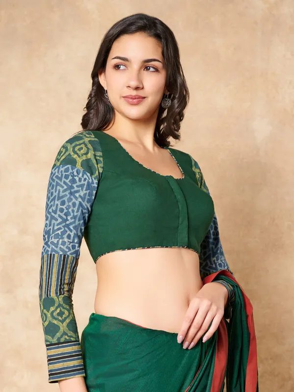 Green cotton ready made blouse with printed ajrakh sleeves