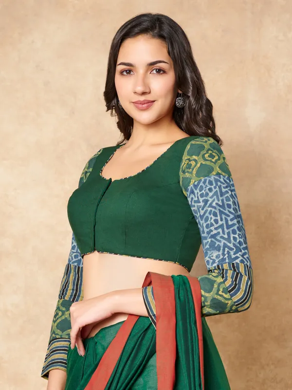 Green cotton ready made blouse with printed ajrakh sleeves