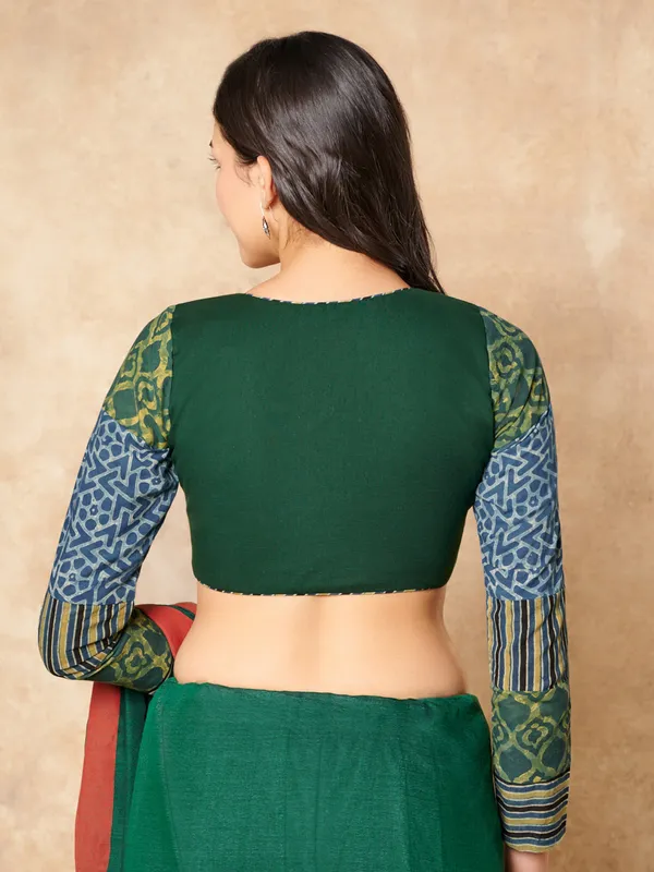 Green cotton ready made blouse with printed ajrakh sleeves