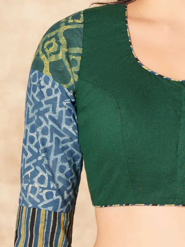 Green cotton ready made blouse with printed ajrakh sleeves