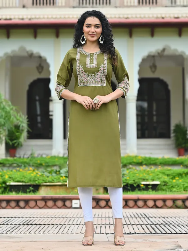 Green cotton silk casual embroidered kurti
