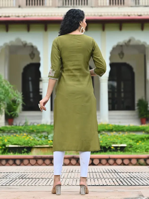 Green cotton silk casual embroidered kurti