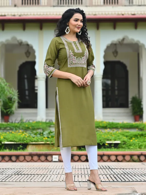 Green cotton silk casual embroidered kurti