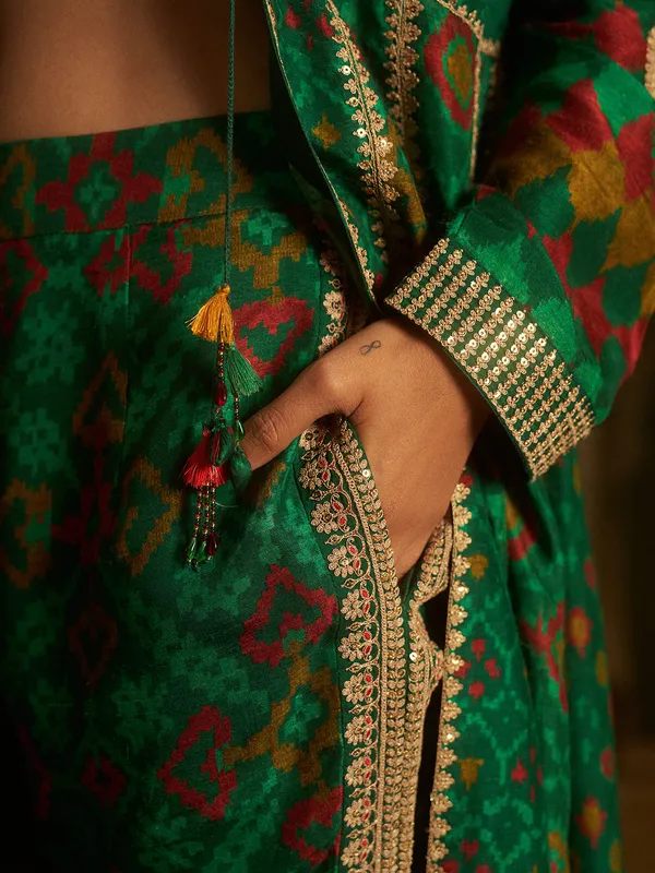 Green cotton silk palazzo suit with long jacket