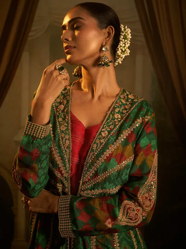 Green cotton silk palazzo suit with long jacket