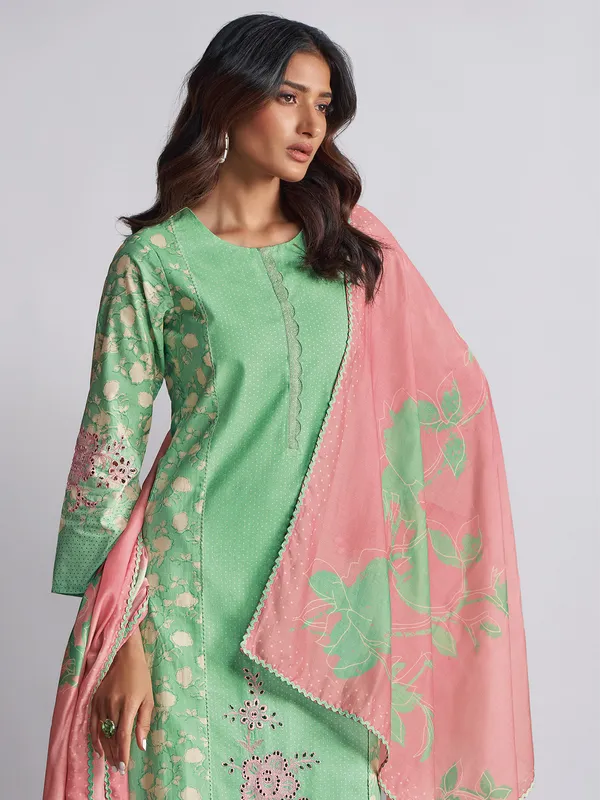 Green cotton silk printed salwar suit for women