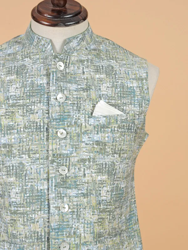 Green cotton silk printed waistcoat for men for festive