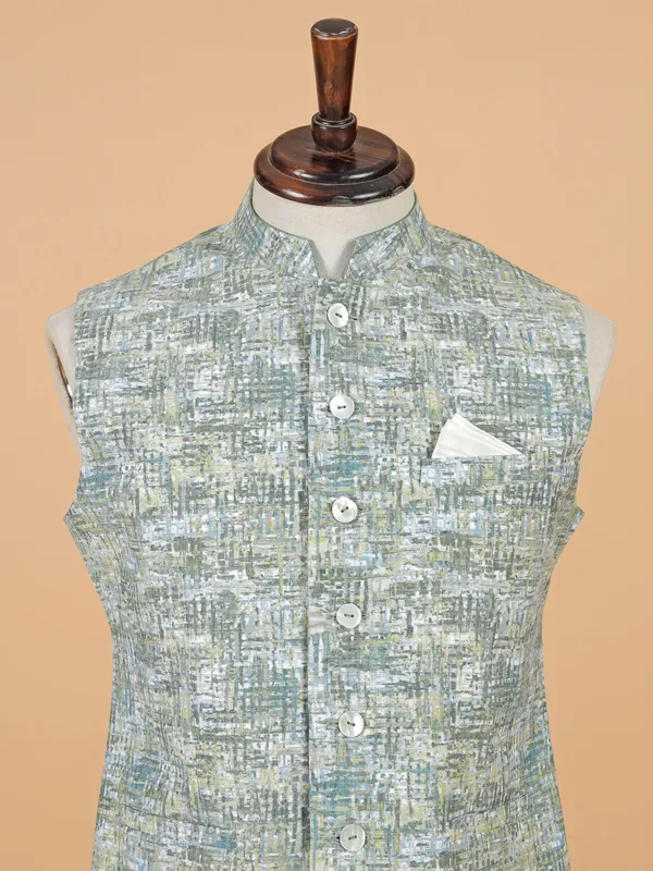 Green cotton silk printed waistcoat for men for festive