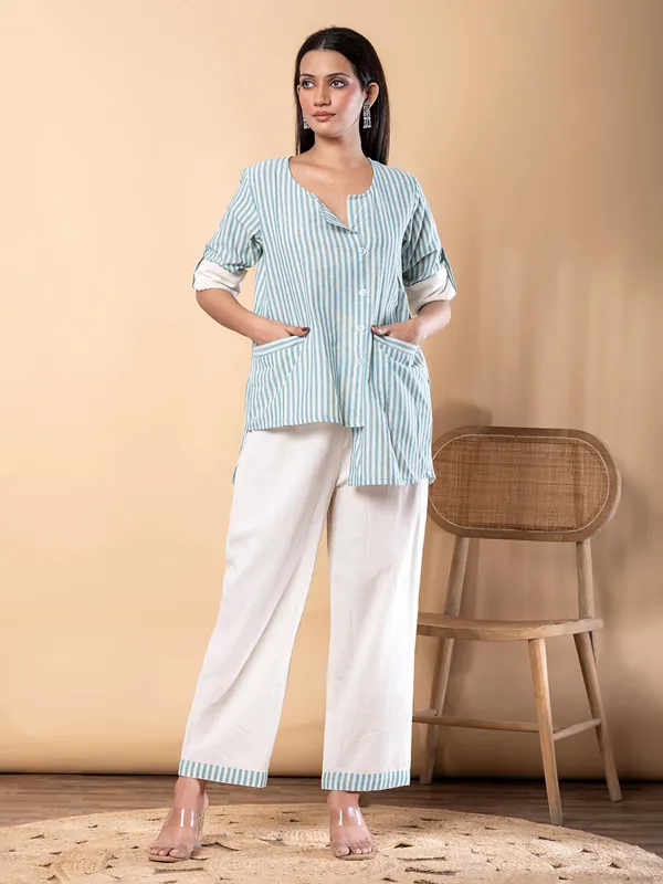 Green cotton silk striped co ord set