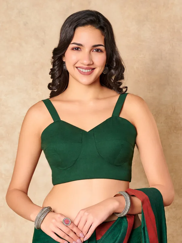 Green cotton sleeveless ready made blouse