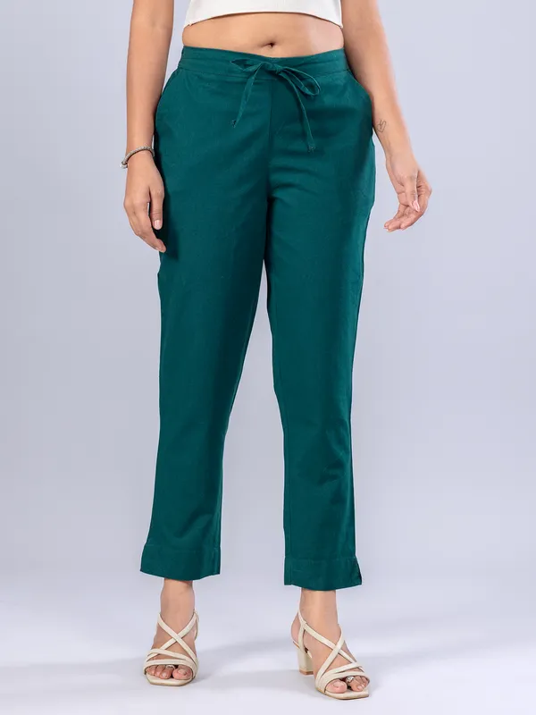 Green cotton women pant for casual
