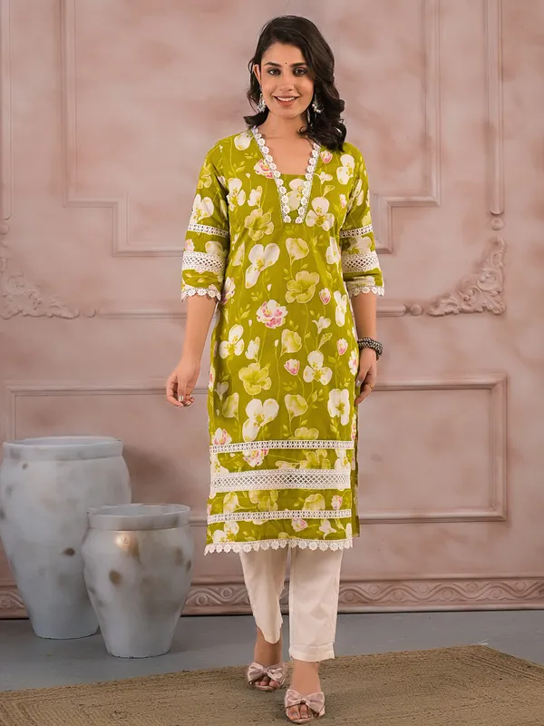 Green cutwork cotton kurti set