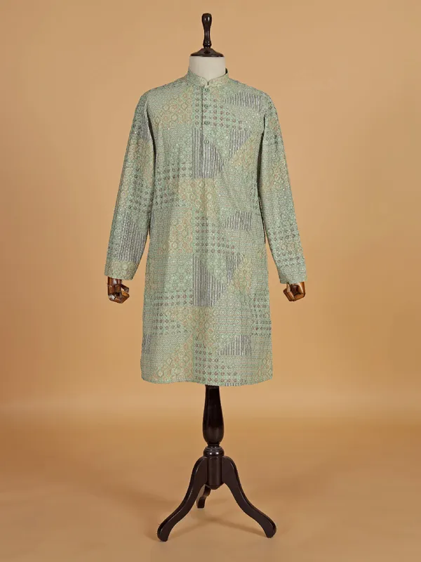 Green embroided kurta set of cotton for men