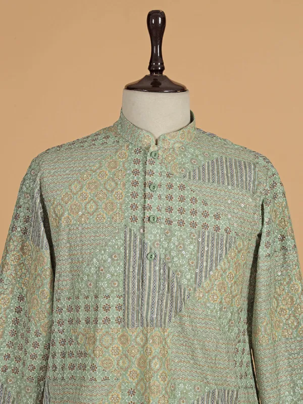 Green embroided kurta set of cotton for men