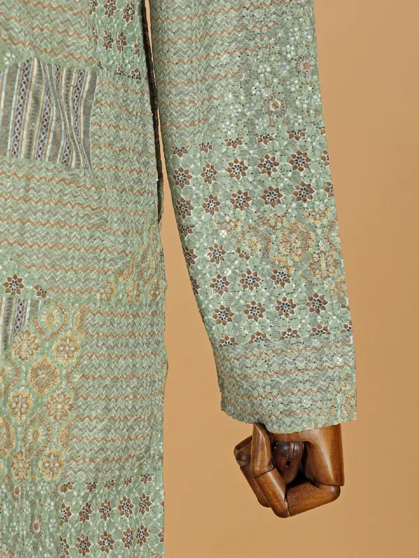 Green embroided kurta set of cotton for men