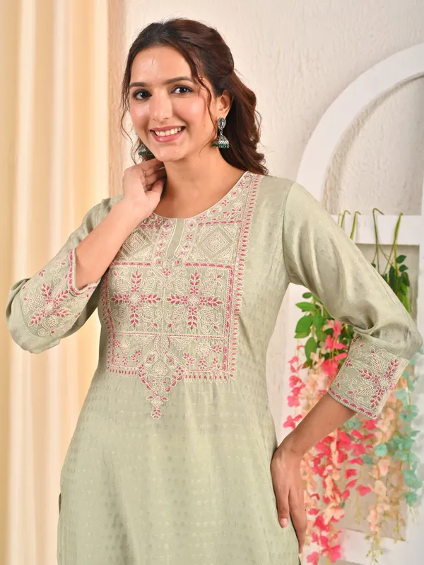 Green embroidered silk casual kurti