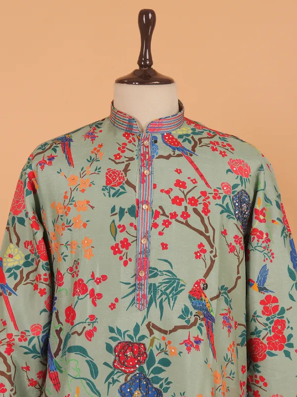 Green festive printed kurta set for men