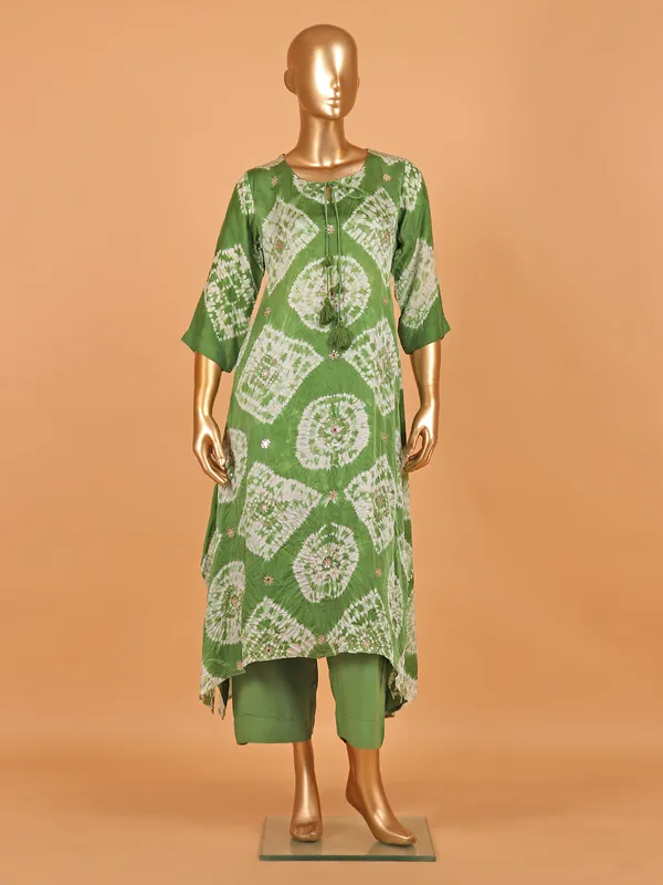 Green festive printed silk salwar suit