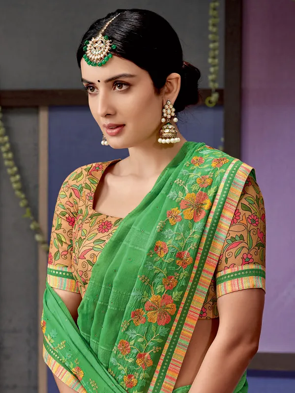 Green floral embroidery saree