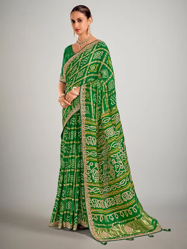 Green gajji silk bandhej printed saree