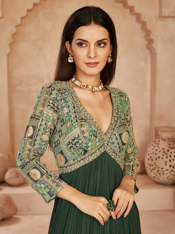 Green georgette anarkali suit with regal embellishments