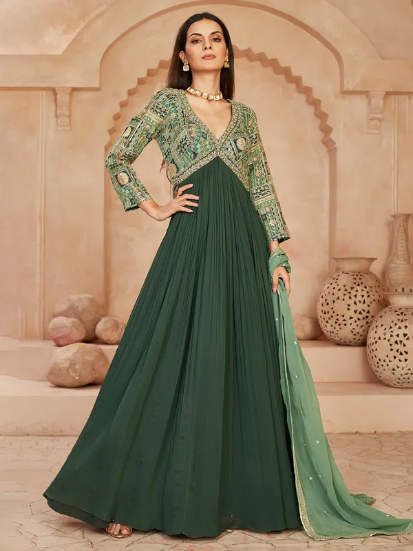 Green georgette anarkali suit with regal embellishments