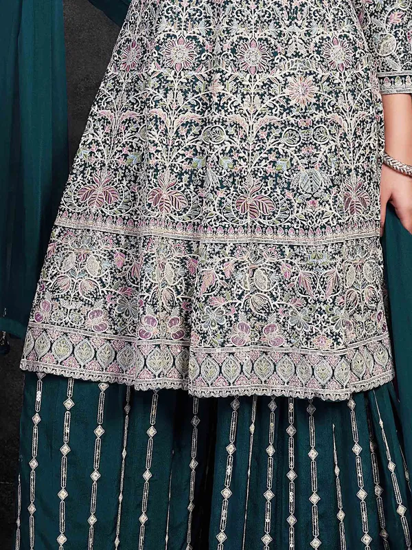 Green georgette embroidered palazzo suit for festive