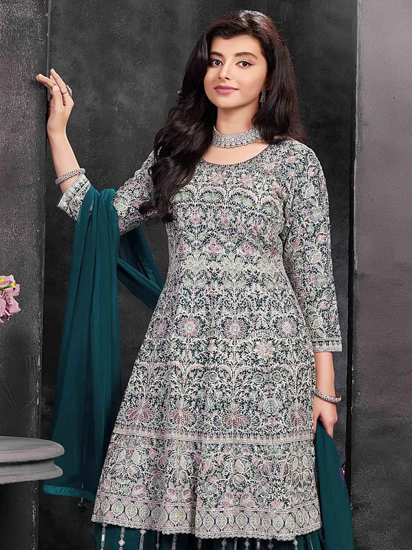 Green georgette embroidered palazzo suit for festive