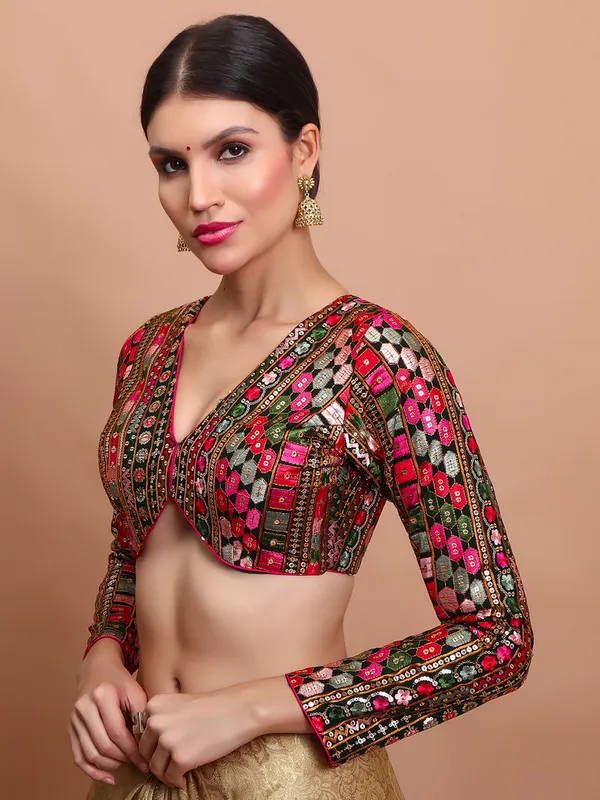 Green georgette embroidered V neck ready made blouse