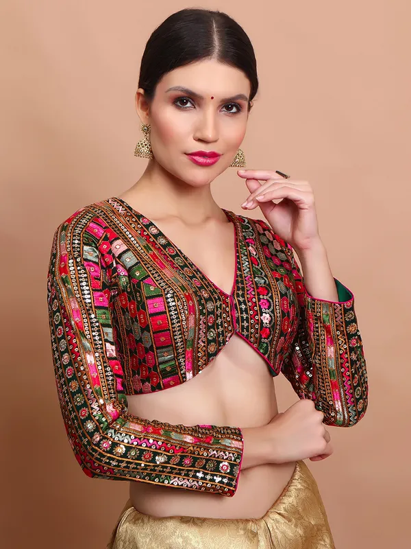 Green georgette embroidered V neck ready made blouse