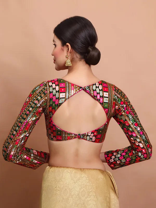Green georgette embroidered V neck ready made blouse
