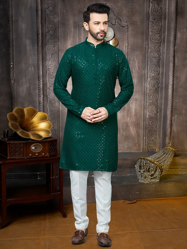 Green georgette kurta suit in sequins for men