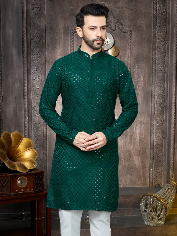 Green georgette kurta suit in sequins for men