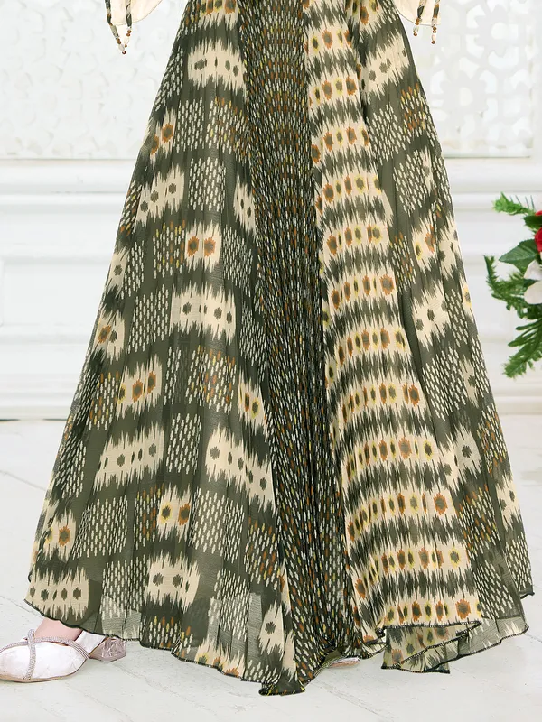 Green georgette long dress with designer jacket